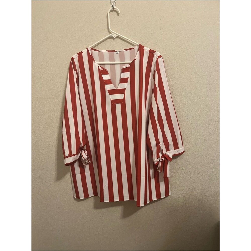 Red and White Stripe V-Neck Tie-Sleeve Women's Top